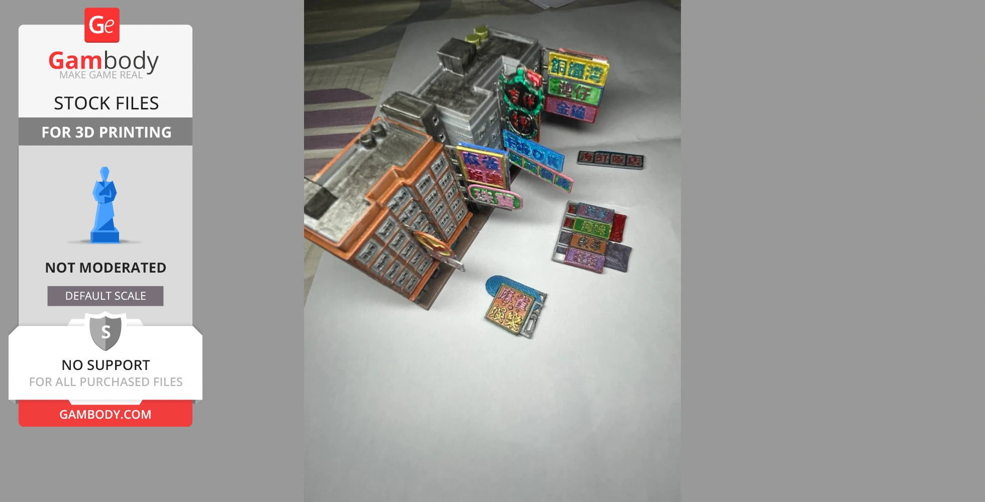 Miniature Hong Kong-style buildings with colorful signs, designed for 3D printing.