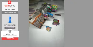 Miniature Hong Kong-style buildings with colorful signs, designed for 3D printing.