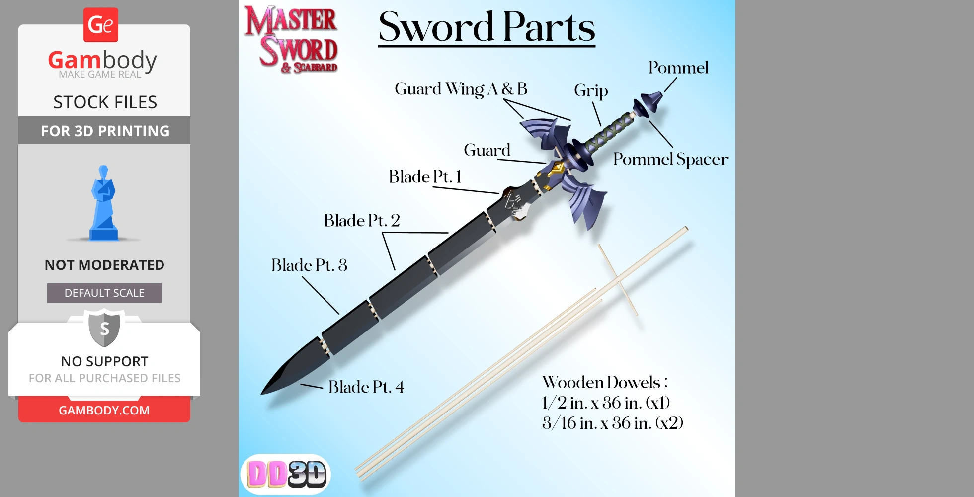 Diagram of sword parts labeled for 3D printing, including blade sections, guard, grip, and pommel.
