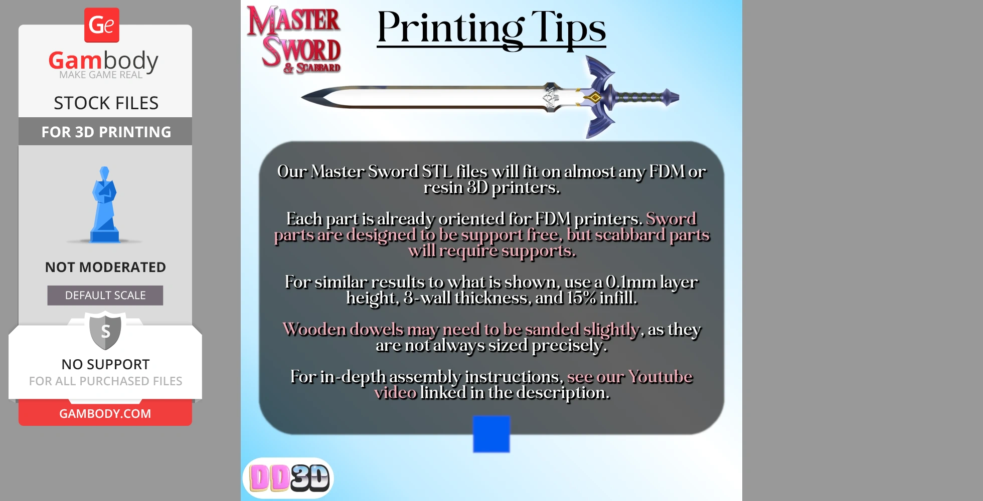 Master Sword 3D print file with details on orientation, printer settings, and assembly tips.