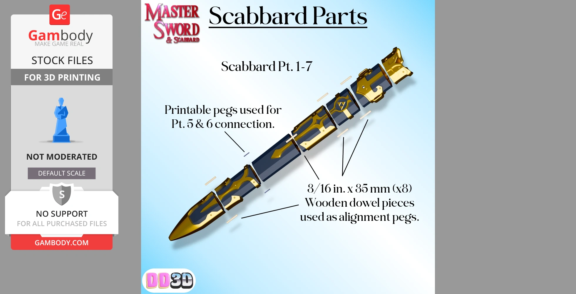 Diagram of Master Sword scabbard parts with alignment pegs for 3D printing assembly.