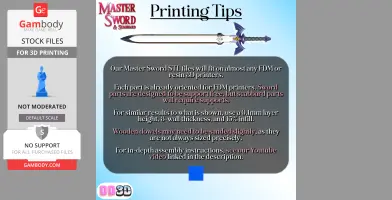 Master Sword 3D print file with details on orientation, printer settings, and assembly tips.