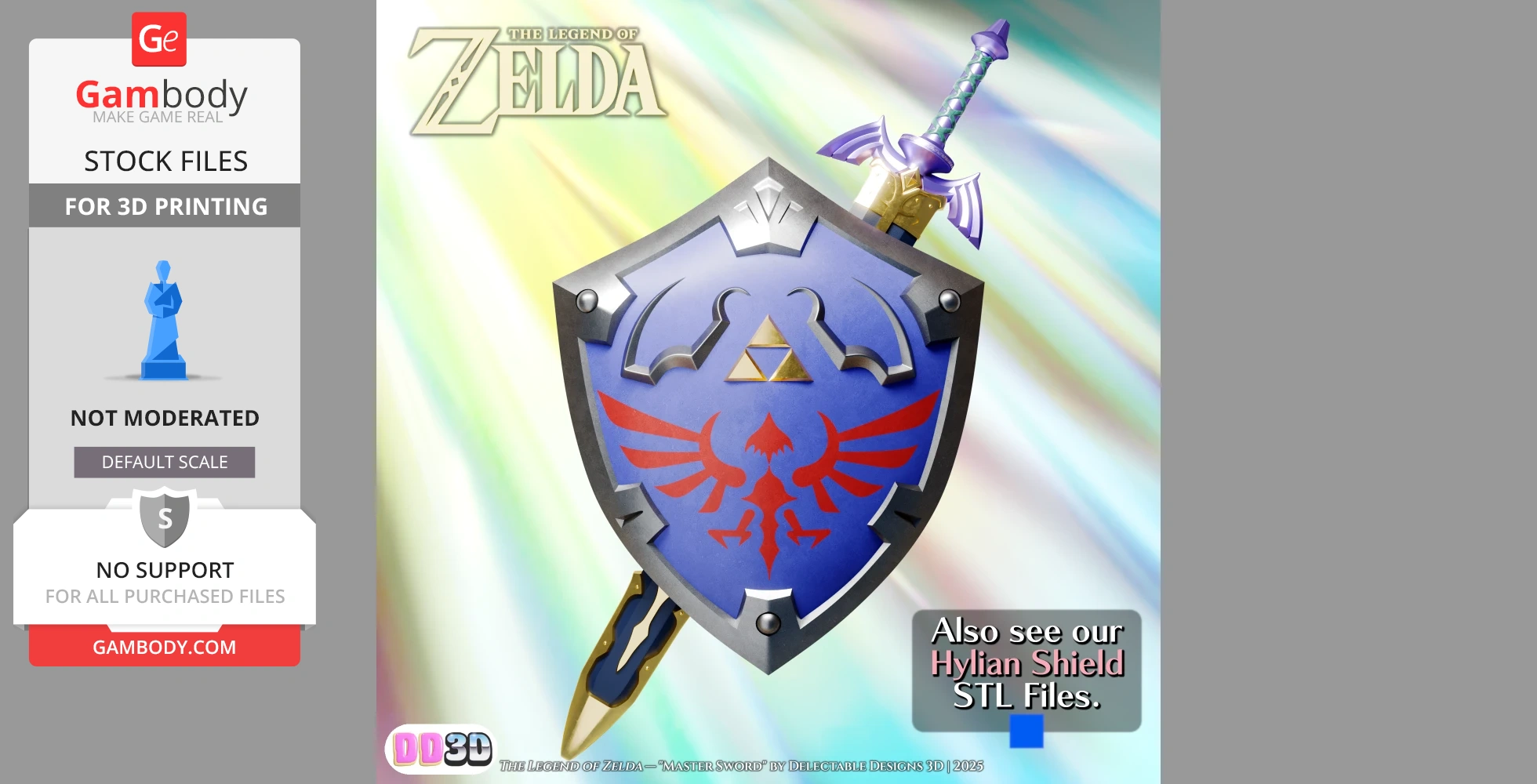 Life-sized Master Sword and detailed blue shield with red emblem, for 3D printing from The Legend of Zelda.