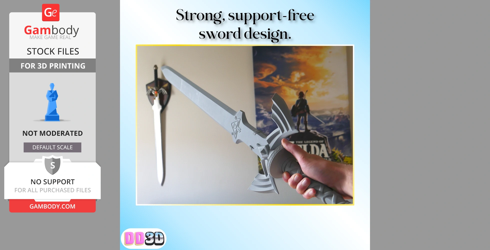 A person holding a life-sized, detailed Master Sword 3D print model, with a wall display in the background.