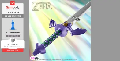 A detailed 3D model of a fantasy sword with a purple hilt, ready for 3D printing.