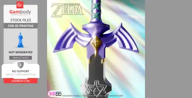 A detailed, life-sized 3D model of a purple Master Sword and scabbard from a video game.