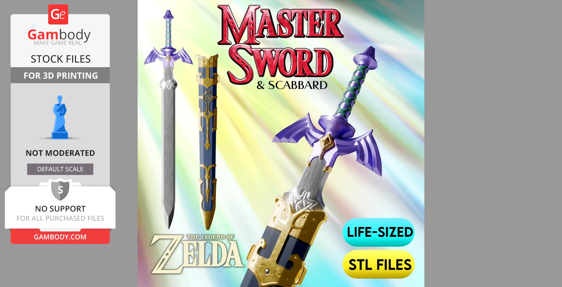 A life-sized, highly detailed Master Sword and scabbard designed for 3D printing, depicted in vibrant colors.