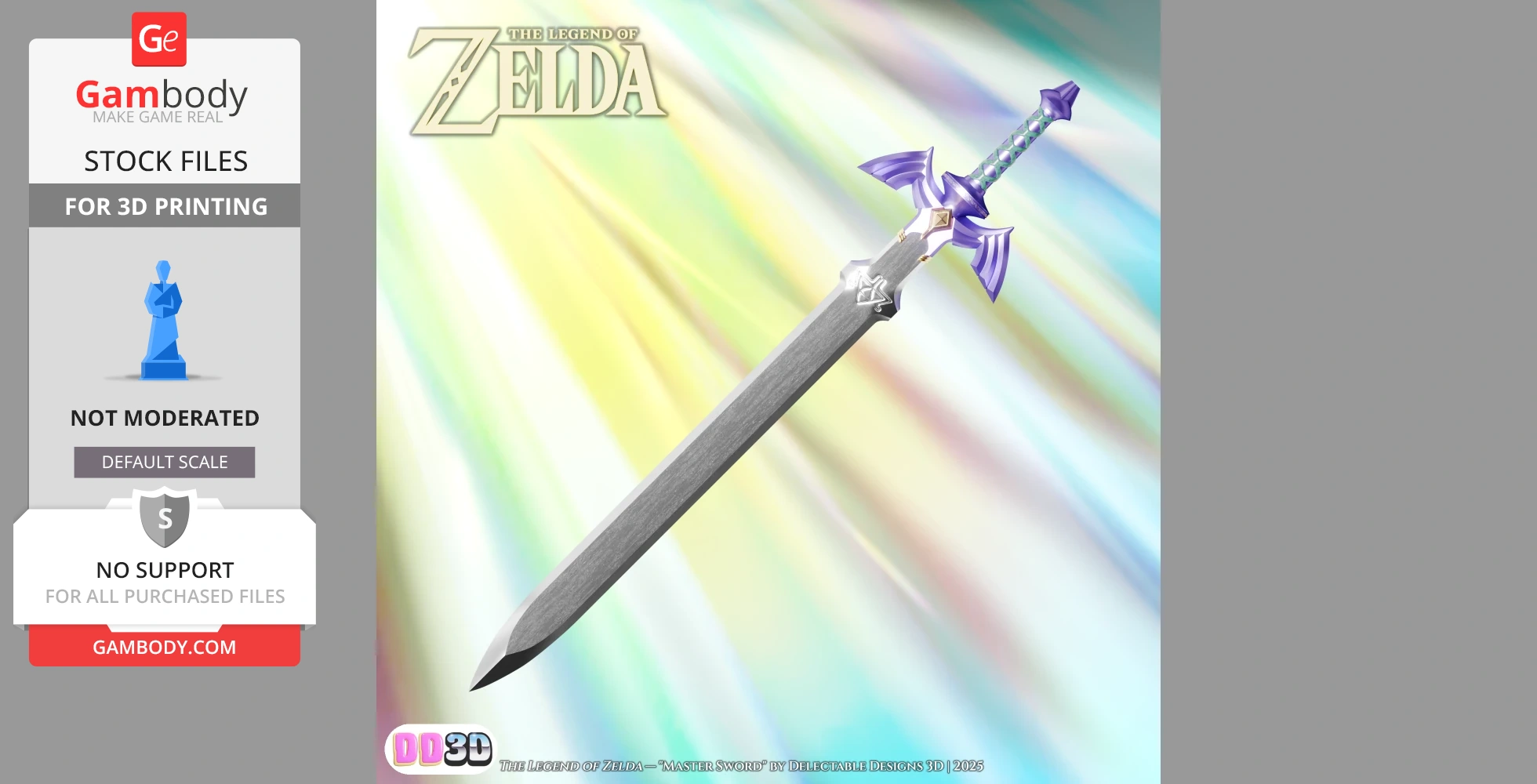 Life-sized Master Sword and scabbard from The Legend of Zelda, ready for 3D printing, detailed design.