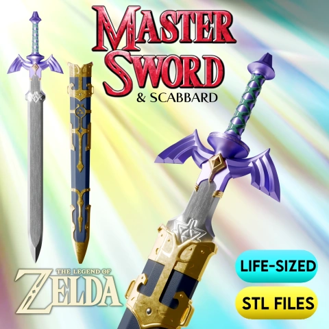 Life-sized Master Sword and scabbard from Zelda, high-detail 3D printable STL files.