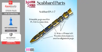 Diagram of Master Sword scabbard parts with alignment pegs for 3D printing assembly.