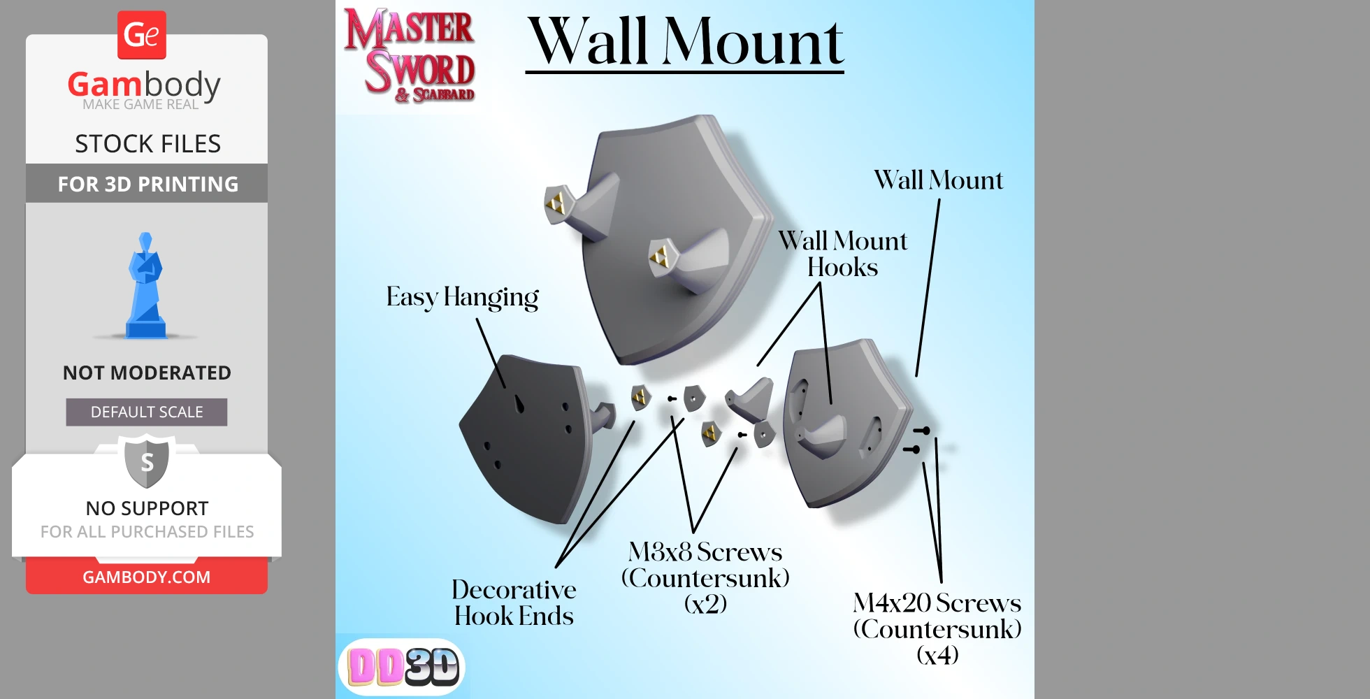Illustration of a wall mount for displaying a sword, with labeled components and screws.