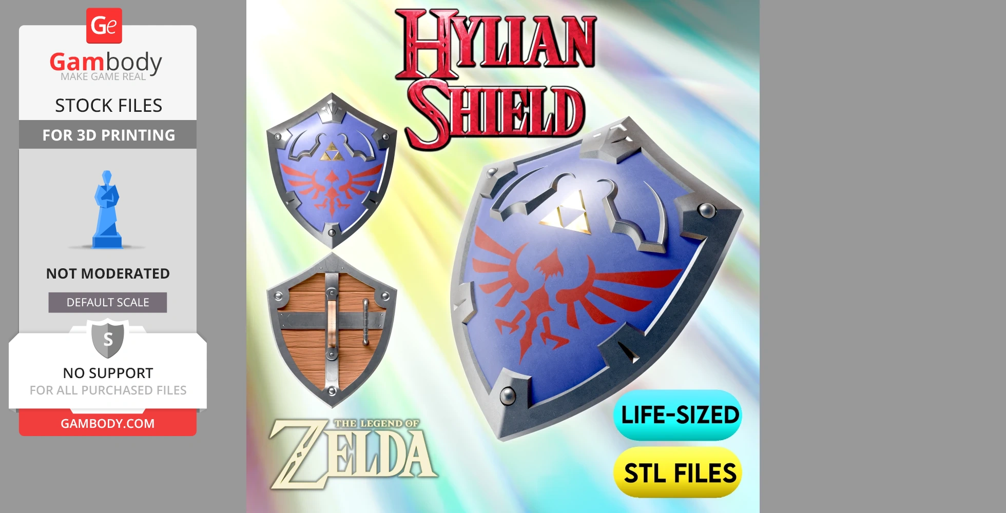 Life-sized, high-detail Hylian Shield from Zelda for 3D printing, showcasing front and back views.