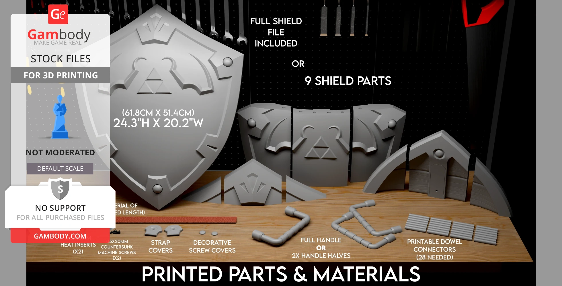 Detailed Hylian Shield 3D model, shown in full and divided into 9 parts for printing.