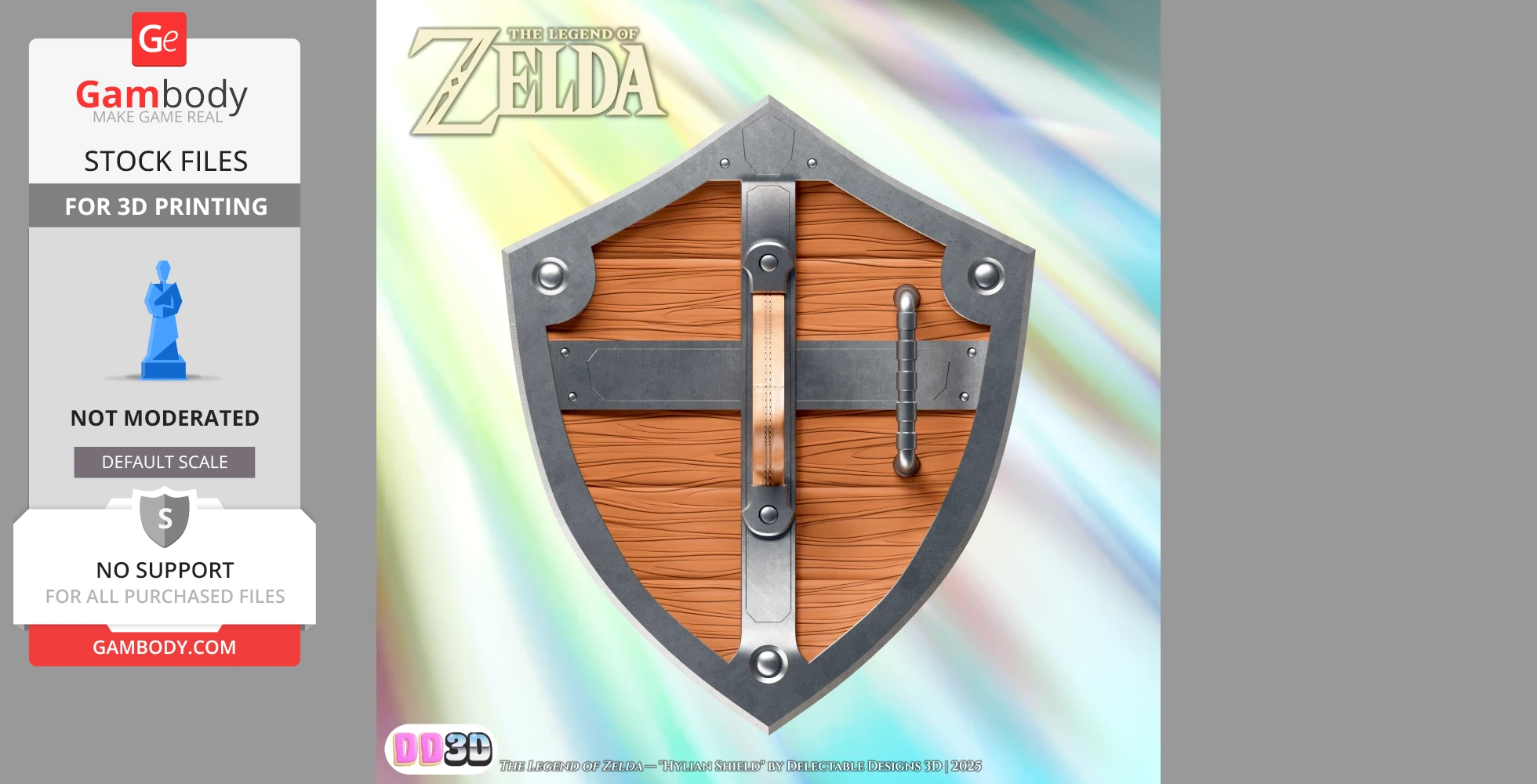 A life-sized, high-detail Hylian Shield STL file for 3D printing, displayed on Gambody Stock.