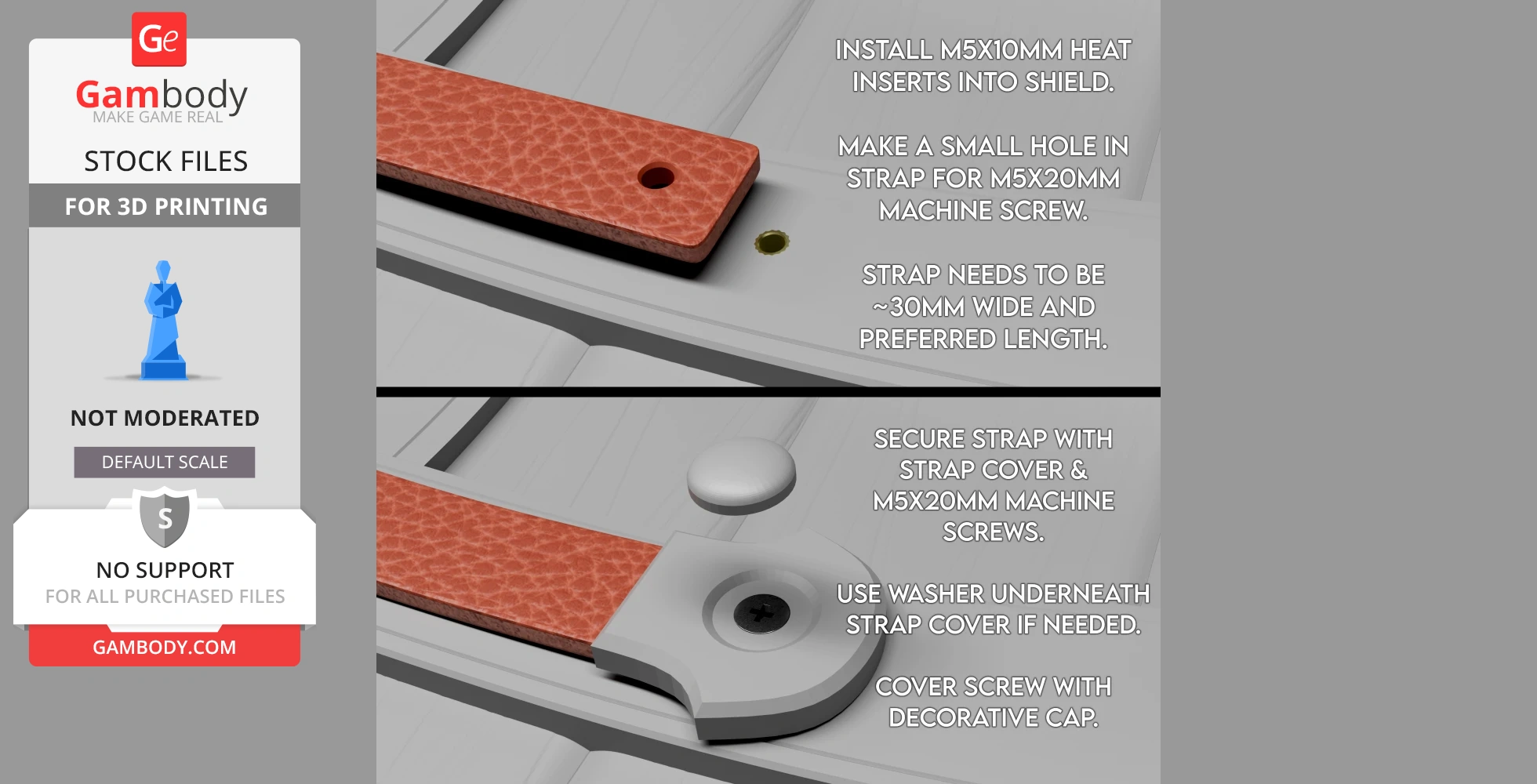 Instructions for assembling a strap on a 3D-printed shield.
