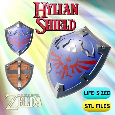 Life-sized Hylian Shield 3D model with high detail, featuring iconic designs for 3D printing.
