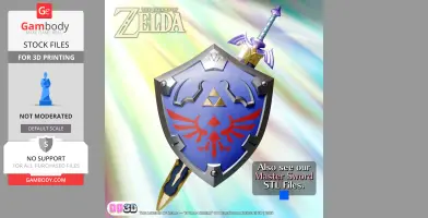 A detailed, life-sized 3D model of a Hylian Shield with a Master Sword behind it, for 3D printing.