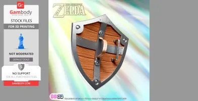 A high-detail, life-sized Hylian Shield STL file for 3D printing, showcased with a colorful background.