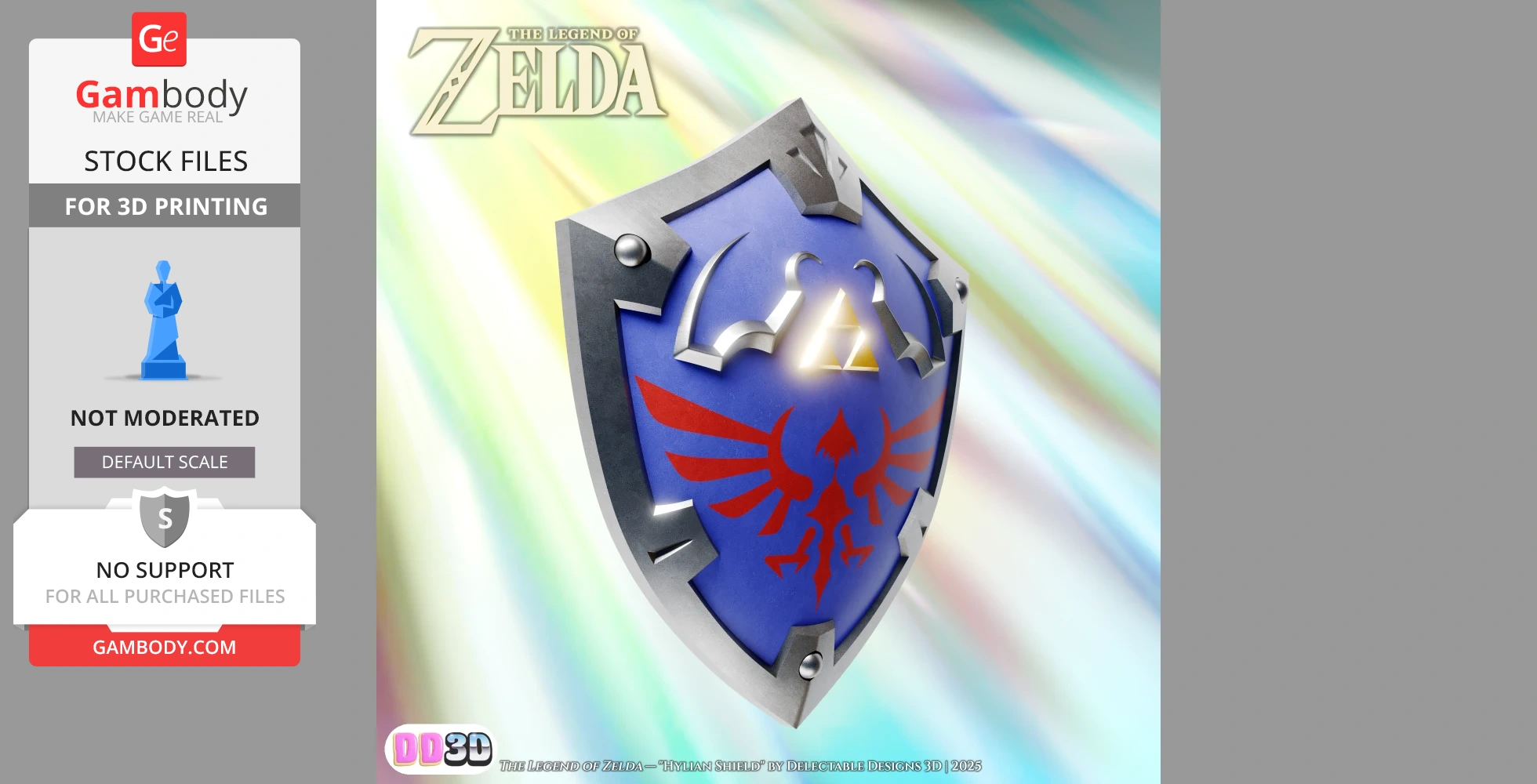 Life-sized Hylian Shield with a blue face and Triforce emblem for 3D printing. High detail design.