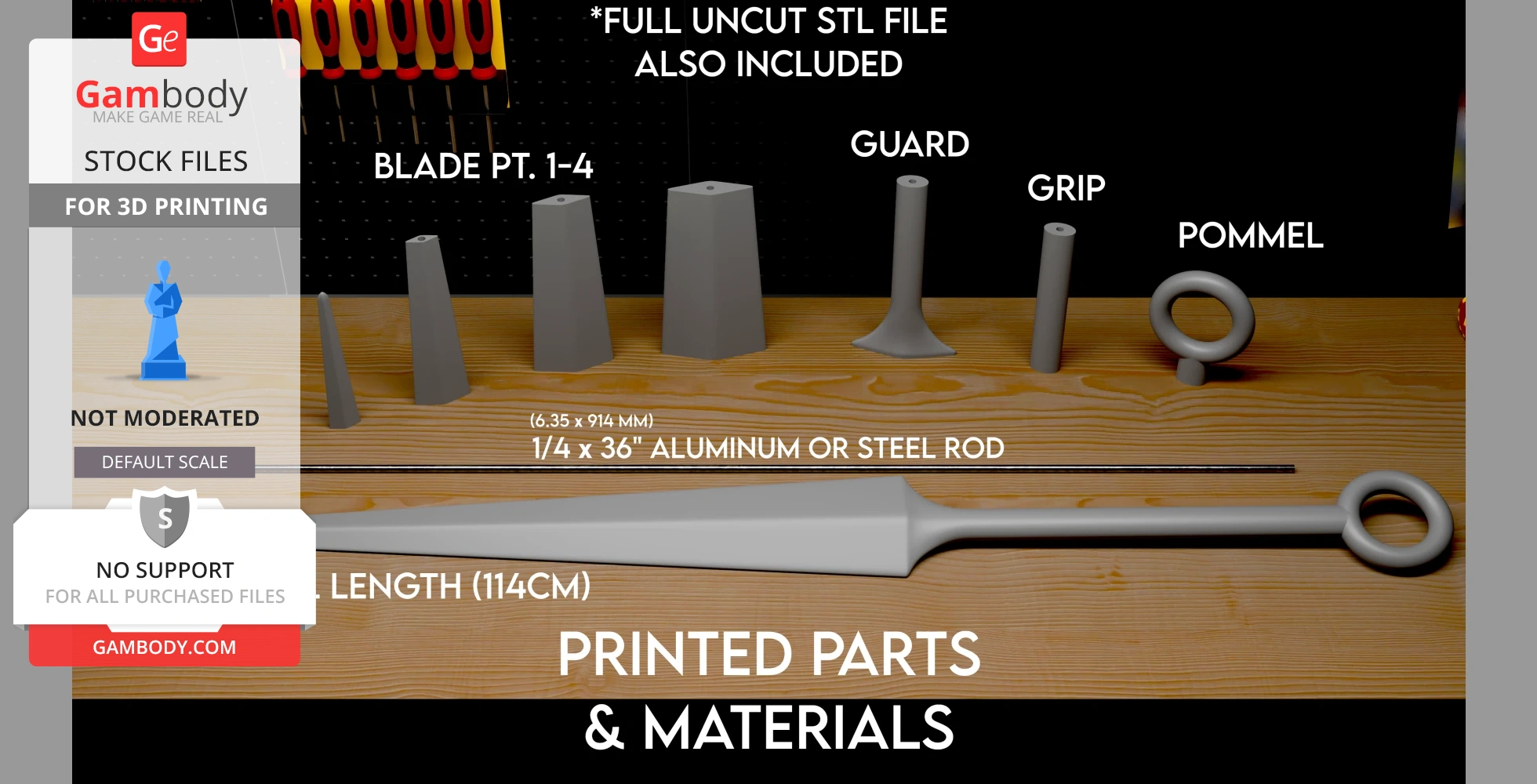 Hornet's Needle 3D parts: blade, guard, grip, pommel, and rod displayed on a wooden surface.