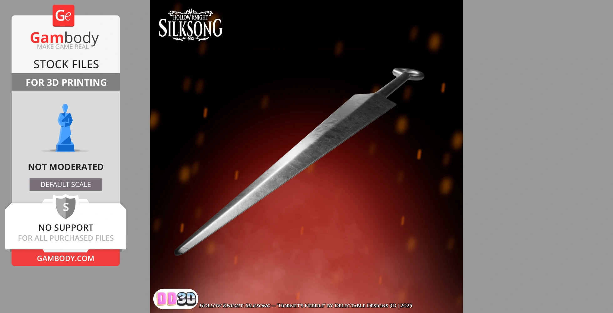 A life-sized, high-detail 3D model of Hornet's Needle from Silksong, set against a fiery red background.