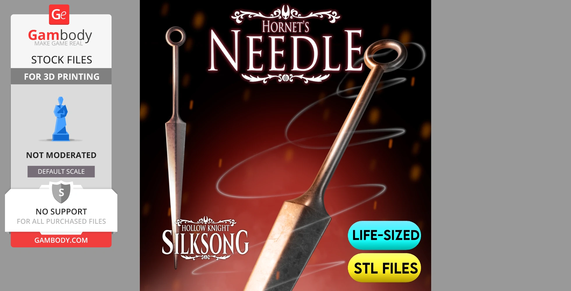 Life-sized 3D model of Hornet's Needle from Silksong, displayed with decorative swirling lines.