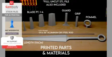 Hornet's Needle 3D parts: blade, guard, grip, pommel, and rod displayed on a wooden surface.