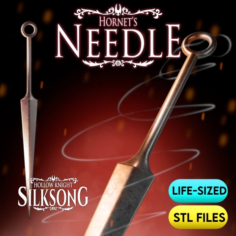 Life-sized 3D model of Hornet's Needle from Silksong, showcasing high detail, available in STL format.
