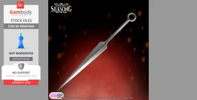 A life-sized, high-detail 3D model of Hornet's Needle from Silksong, displayed on a red background.