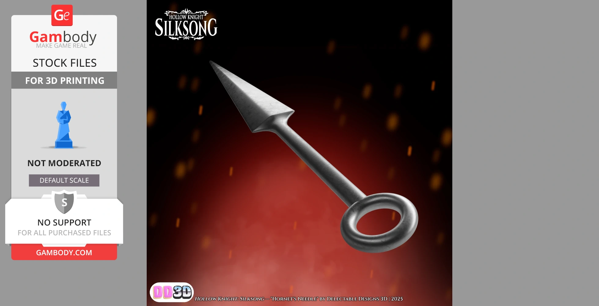 A life-sized, highly detailed 3D model of Hornet's Needle from Silksong, ready for printing.