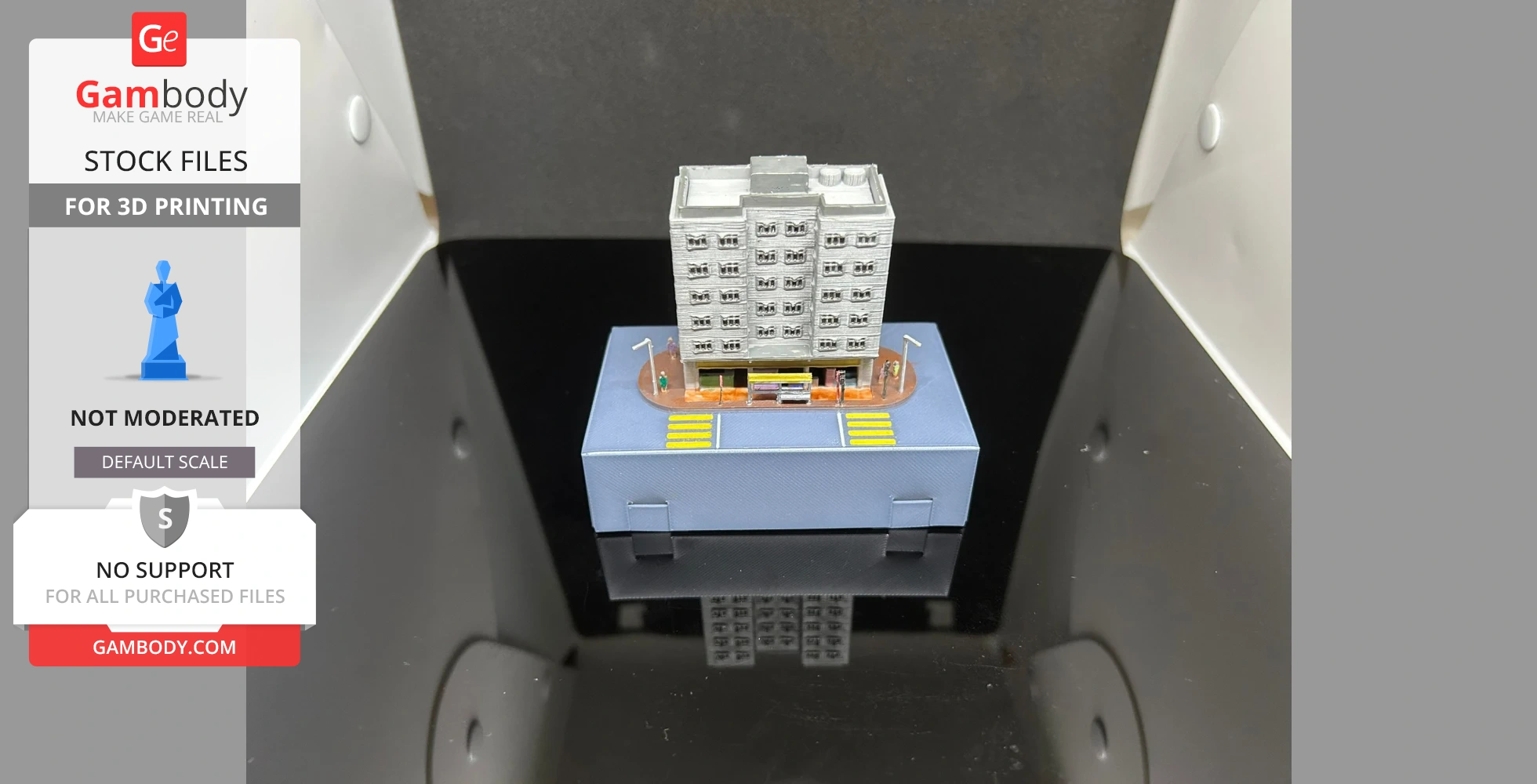 3D-printed Hong Kong-style apartment building on a small platform with streets and figures.