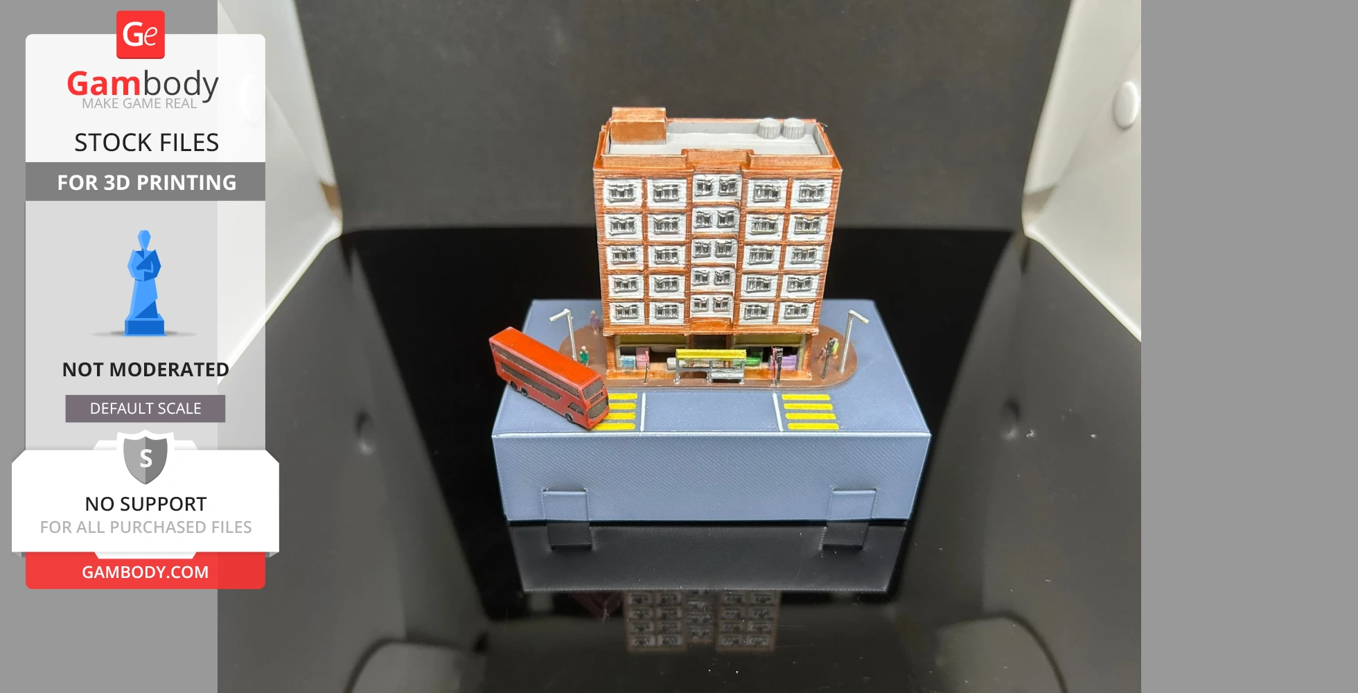 Detailed miniature of a Hong Kong building scene with a bus, suitable for 3D printing.