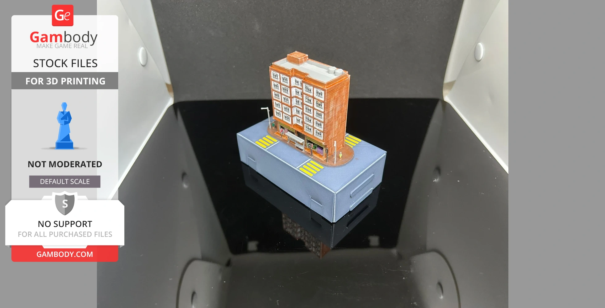 A 3D-printed model of a Hong Kong-style building on a mini street base.