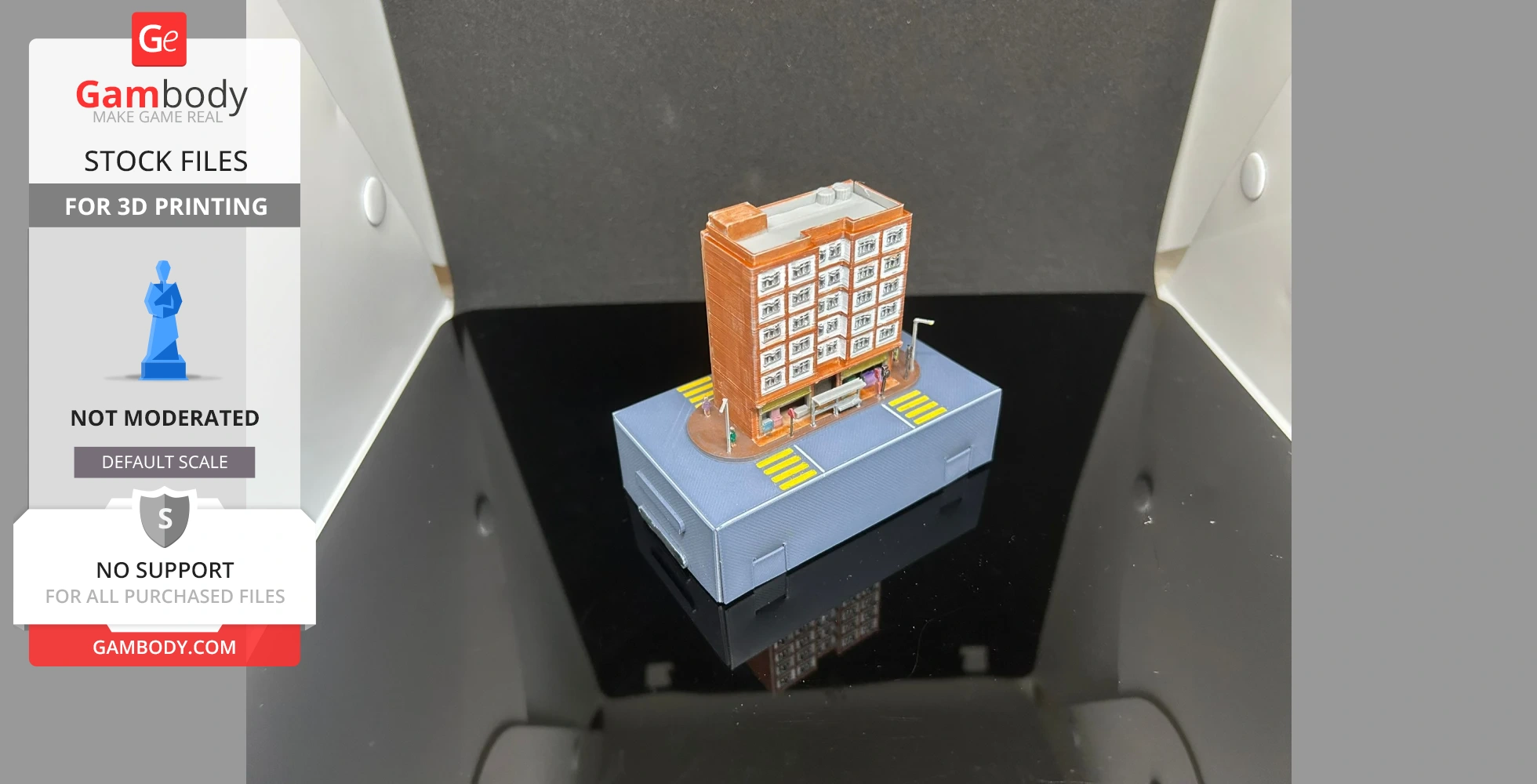 Miniature Hong Kong building model on a platform with street details and crosswalks for 3D printing.