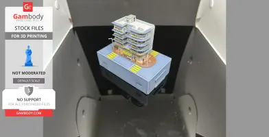 A detailed miniature Hong Kong building model on a box, designed for 3D printing.