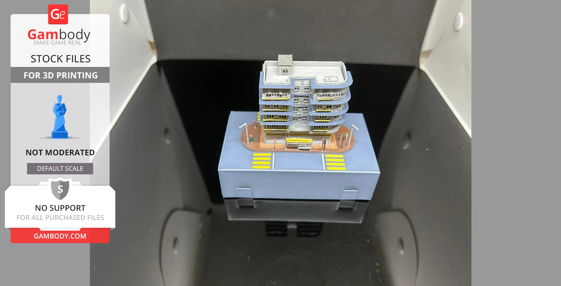 A detailed miniature model of a Hong Kong-style building on a display base.