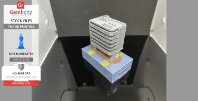 Detailed 3D model of a modern Hong Kong-style building on a display stand.