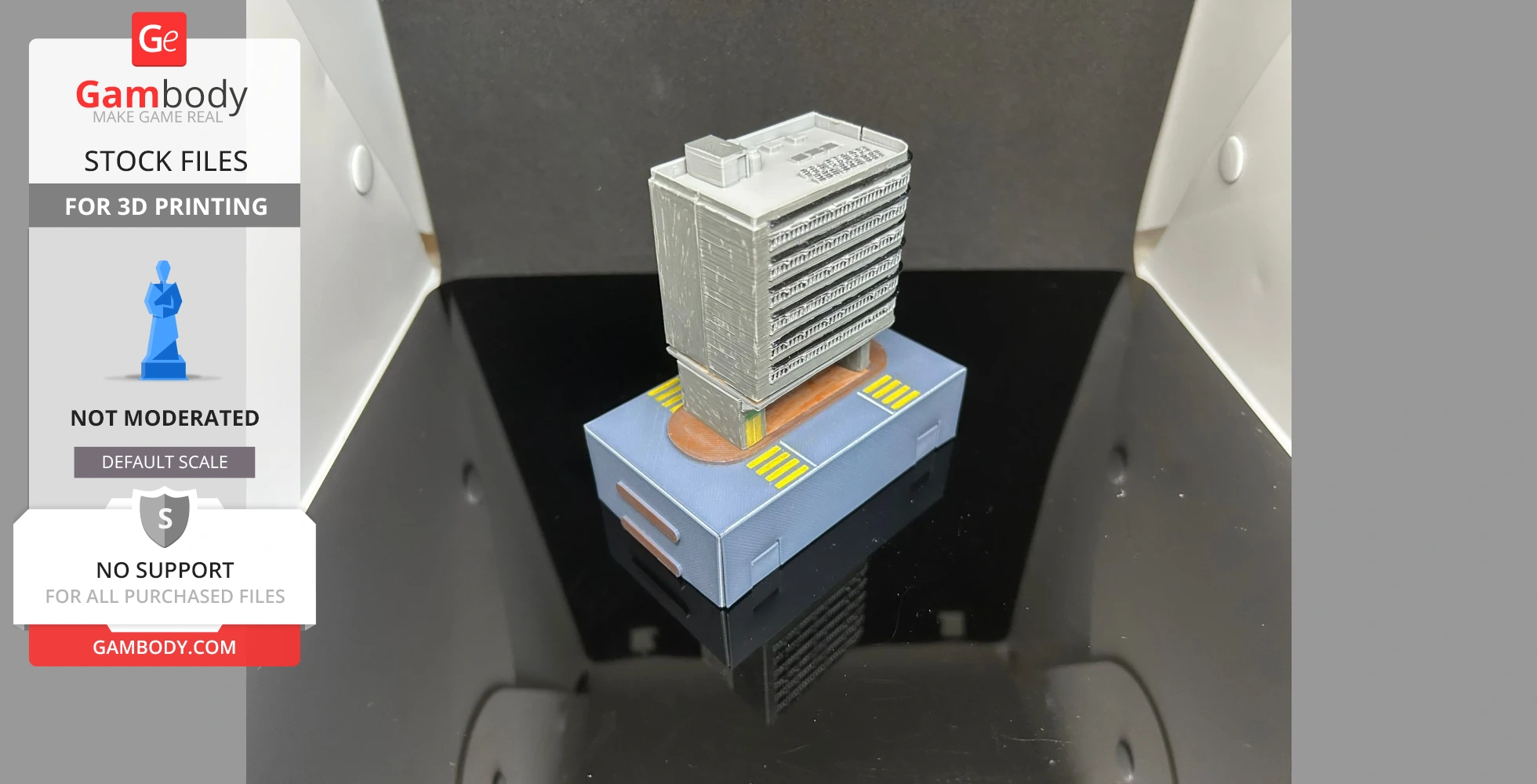 Miniature 3D-printed Hong Kong building on a display base, featuring detailed architecture.