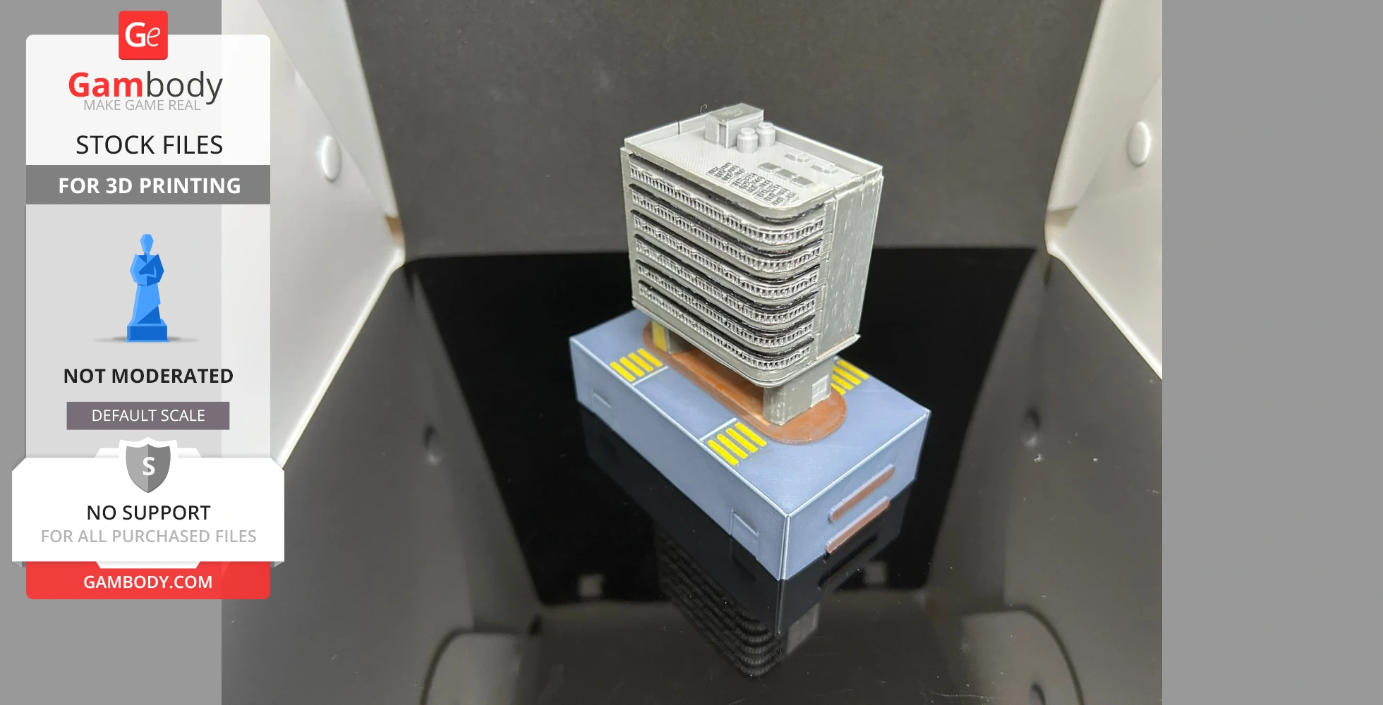 Detailed 3D model of a modern Hong Kong-style building on a display stand.