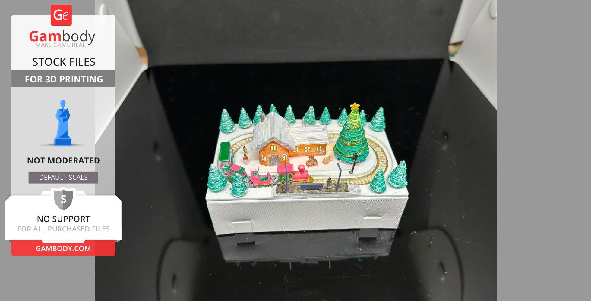 Miniature Christmas train scene with a house, decorated tree, and surrounding snowy landscape.