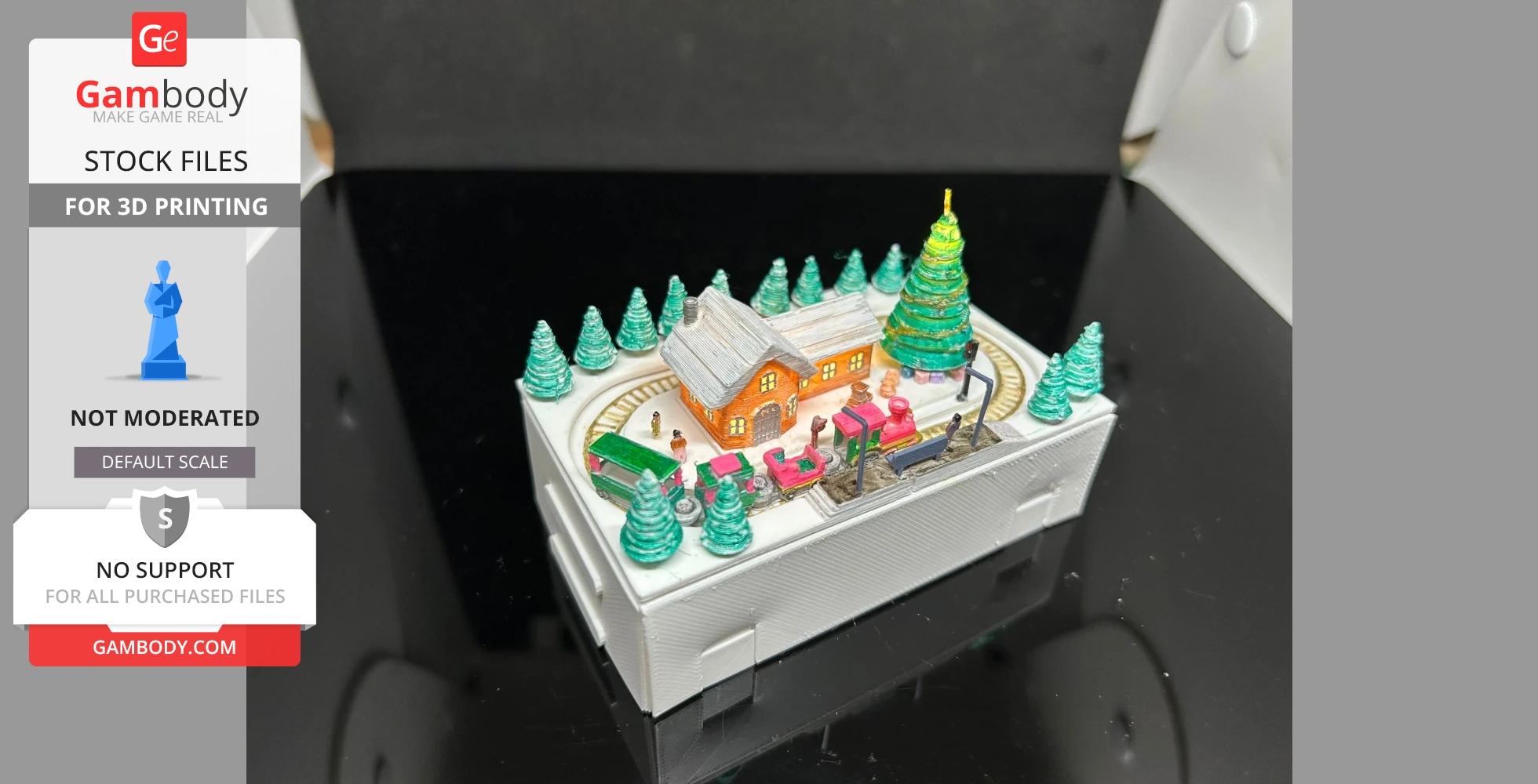 Miniature Christmas train scene with tracks, station, trees, and decorative elements for 3D printing.