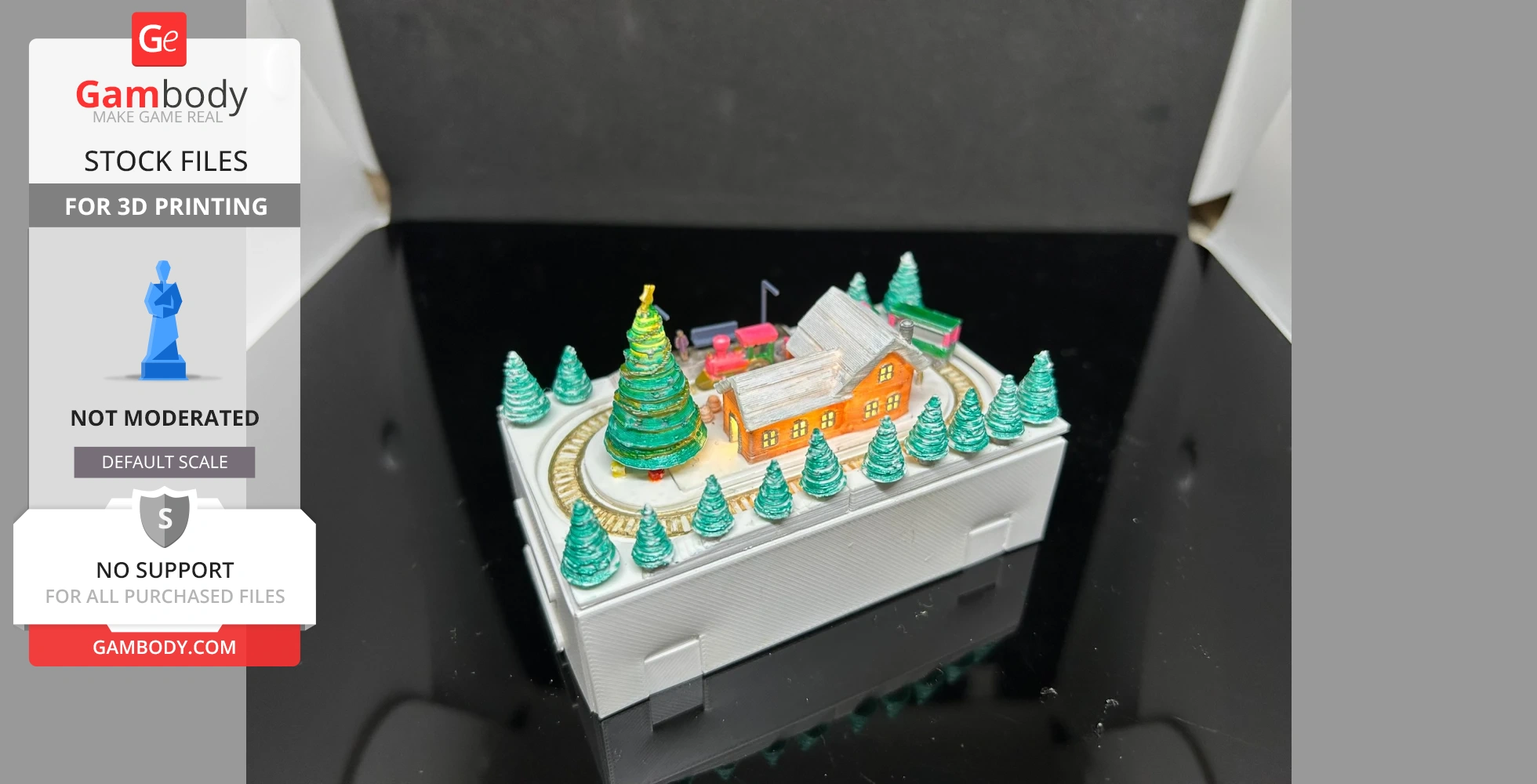 Miniature Christmas train scene with decorated tree, houses, and surrounding pine trees.