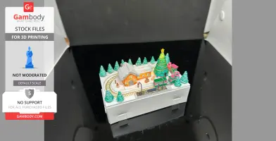 Miniature Christmas train scene with snowy village, trees, and festive decorations on a display base.
