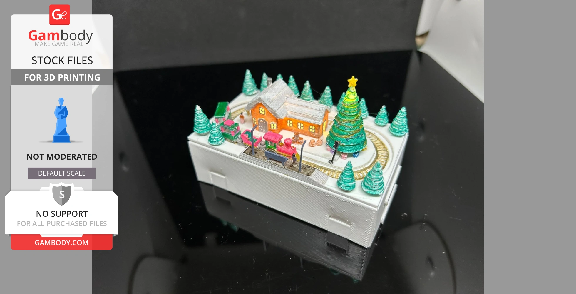 Miniature Christmas train set with decorated tree, snowy village, and colorful train on a circular track.