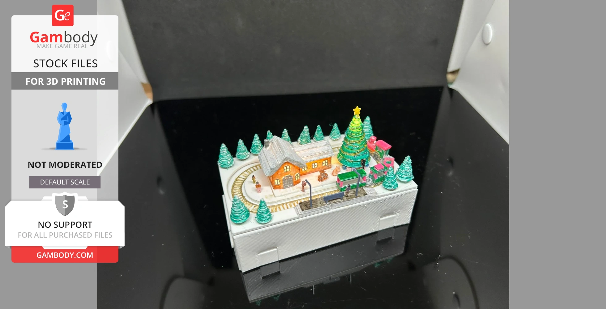 Miniature Christmas train scene with snowy village, trees, and festive decorations on a display base.