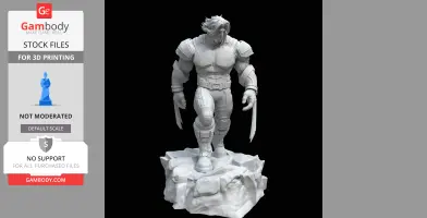 A 3D model of a muscular character with claws, standing on a rocky base, ready for 3D printing.