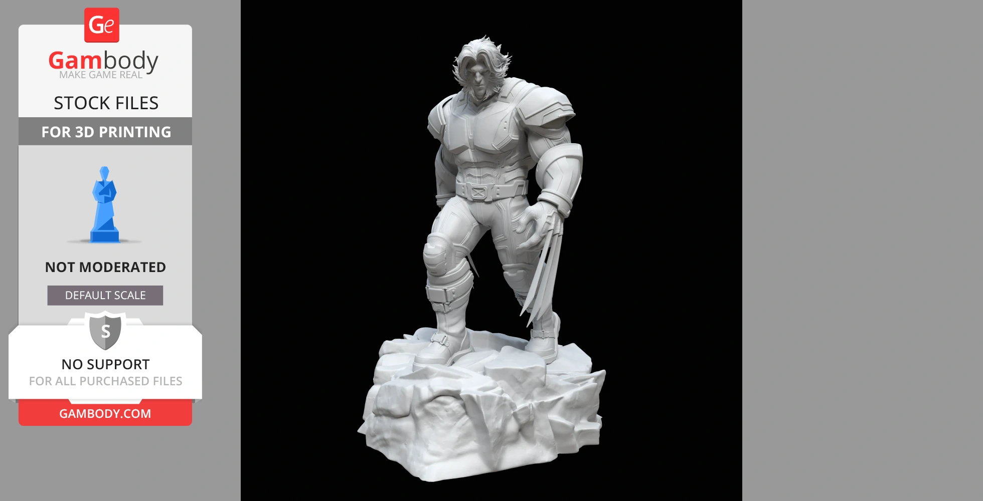 A muscular figure with flowing hair and claws, standing on a rocky base in a superhero pose.