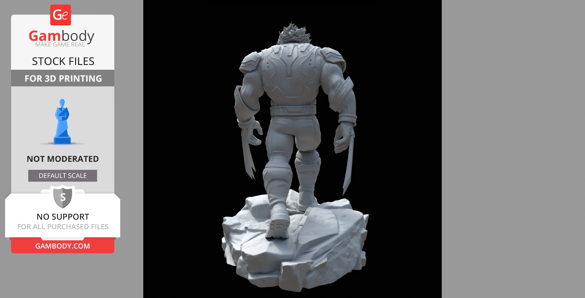 A 3D model of a muscular figure with claws, standing on a rocky base, viewed from behind.