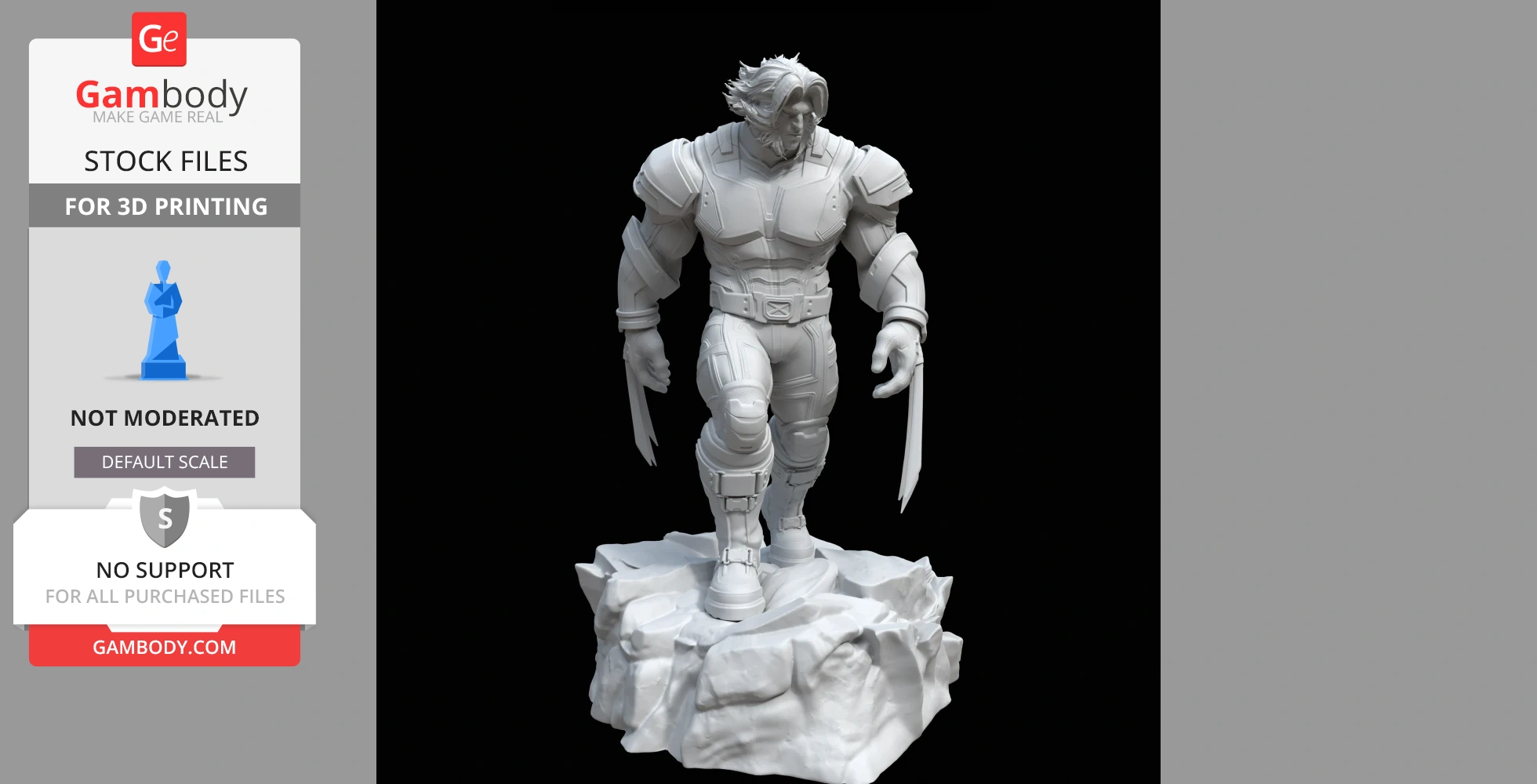 A 3D model of a muscular character with claws, standing on a rocky base, ready for 3D printing.