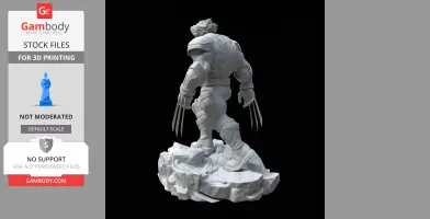 A 3D model of a muscular figure with claws on a rocky base, inspired by superhero comics.